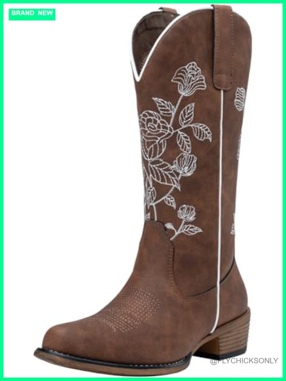Western Cowboy Boots Mid Calf Floral Embroidery Faux Leather Low Heel Zip